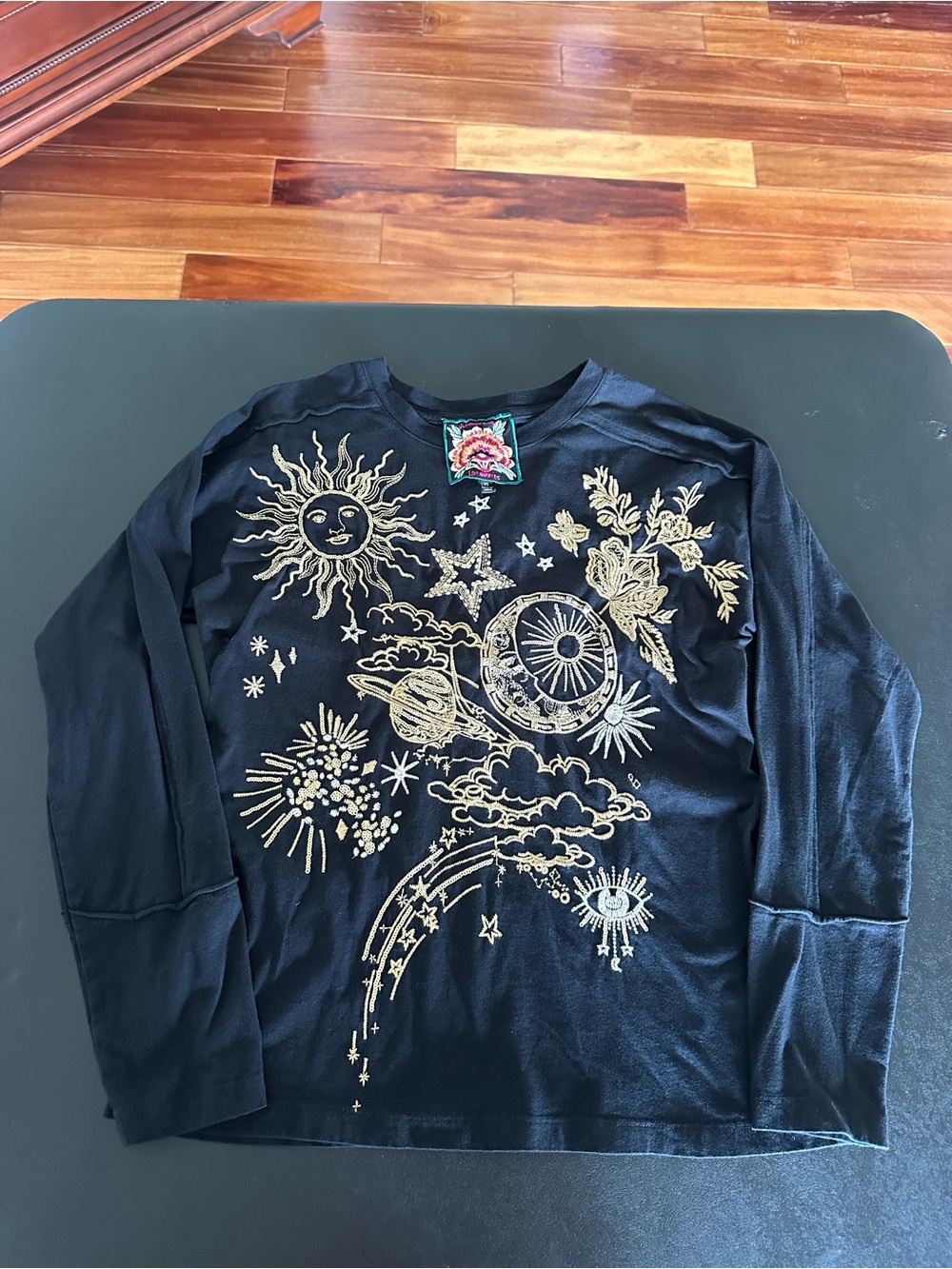 Johnny Was Embroidered Celestial Black Long-Sleeve Sweater Womens XS